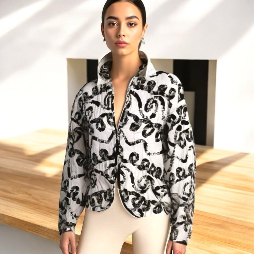 BECHAMEL Zip Up Black White Jacket Ribbon Design S